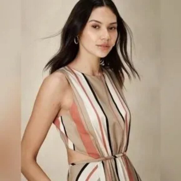 Banana Republic Factory Multi-Stripe Linen Blend Cut-Out Midi Dress Tan Coral 0 - Picture 2 of 7